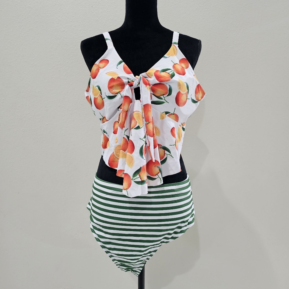 Plus Size Peach Retro Print Tie-Front And High Waisted Striped Bottoms Swimsuit